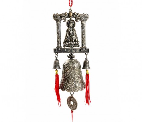 Κρεμαστό Feng Shui Kuan Yin με Καμπάνες & Κινέζικα Νομίσματα