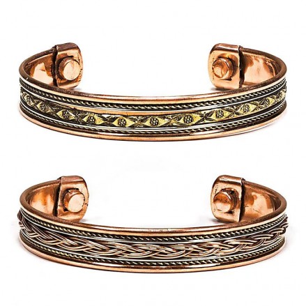 Σετ 2 Χάλκινα Μαγνητικά Βραχιόλια – Γεωμετρικό & Πλεχτό Σχέδιο